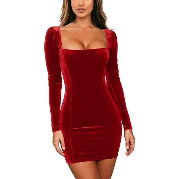 Dresses | Womens Red Sexy Velvet Long Sleeve Bodycon Elegant Mini Party  Dress | Poshmark